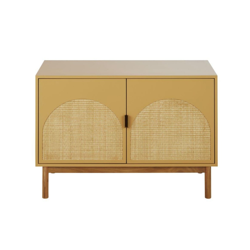 Buffet Tarifa vintage 2 portes jaune ocre et cannage en rotin