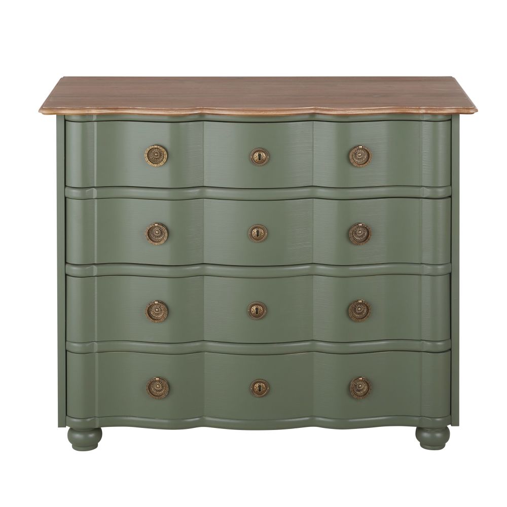 Commode Gustavia 4 tiroirs vert kaki et métal doré