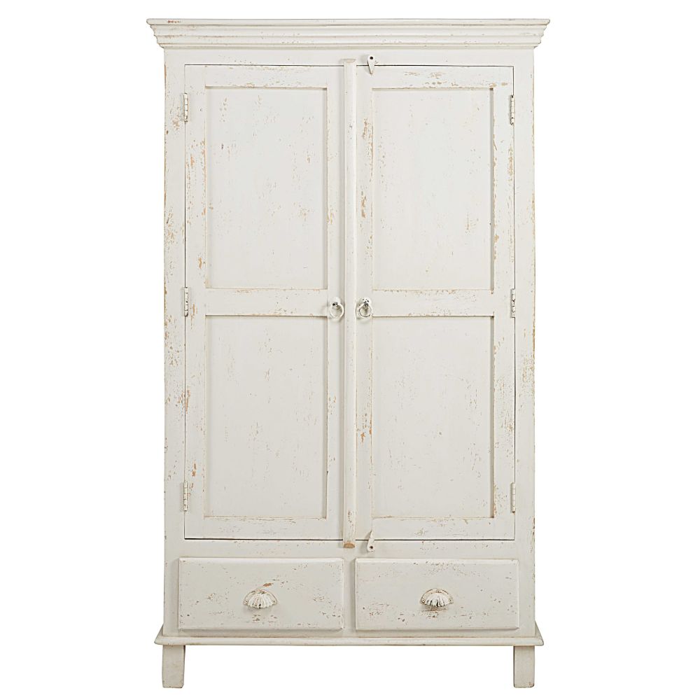 Armoire Avignon en manguier blanc patiné, 2 portes et 2 tiroirs