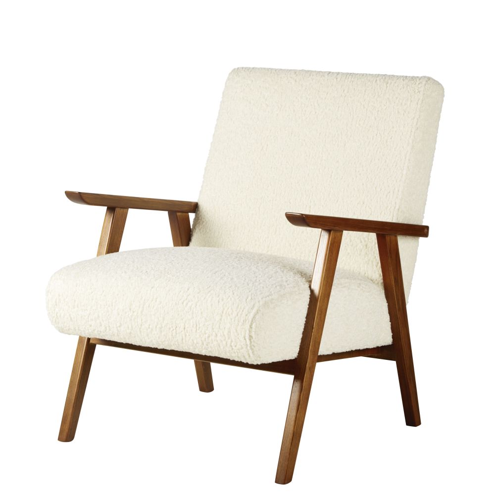 Fauteuil vintage Hermann en bois de hêtre et velours côtelé blanc