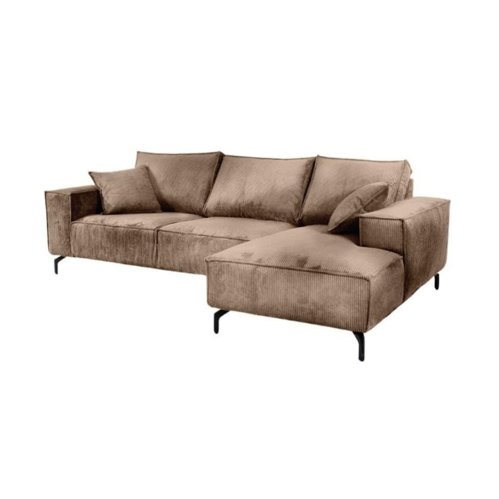 Canapé d'angle droit Pueblo 3/4 places en tissu camel pieds en fer noir