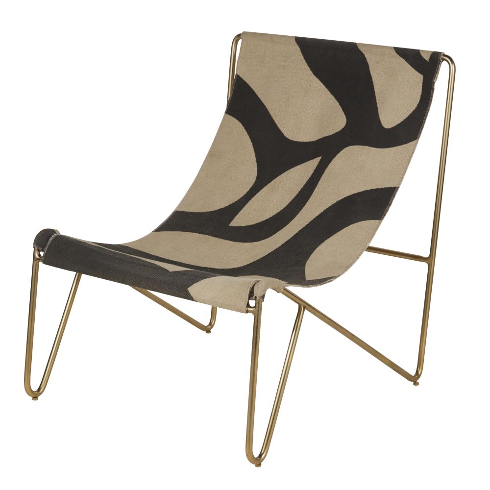 Fauteuil Kouba en toile motif noir et beige, pieds laiton