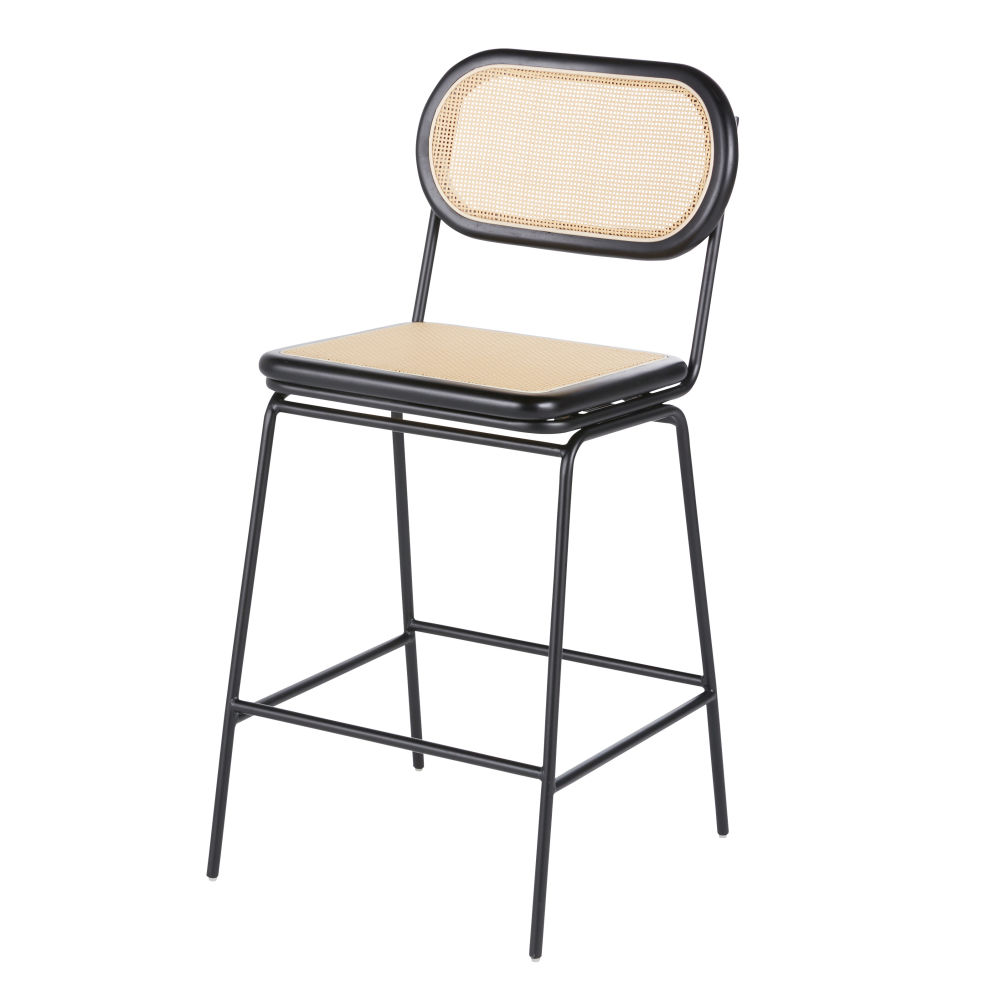 Chaise de bar Alba pour îlot central en acier noir et bois de bouleau avec rotin synthétique
