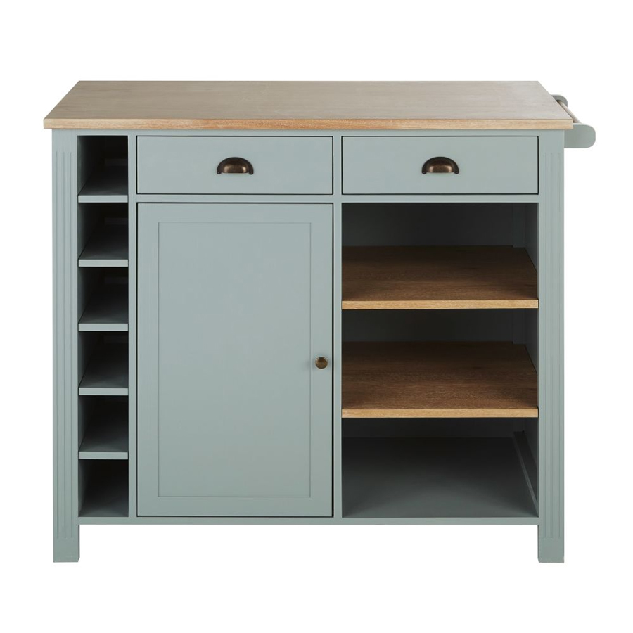 Meuble de cuisine pour ilot central cuisine Beaumont 2 tiroirs, 1 porte, 1 étagère et 6 niches vert d'eau et beige