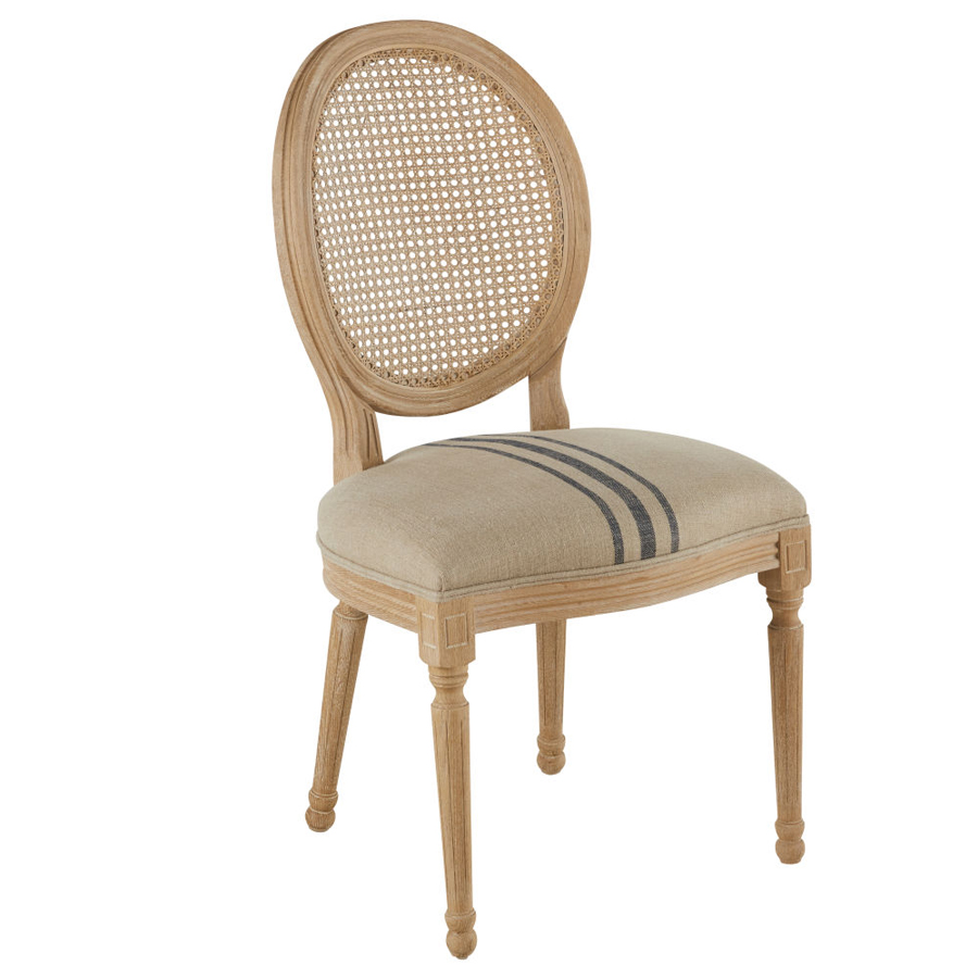 Chaise Louis médaillon en bois de frêne, cannage en rotin et lin beige et bleu-gris