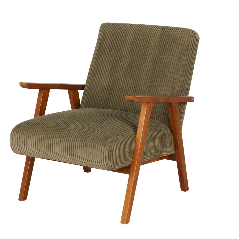 Fauteuil vintage Hermann en bois de hêtre et velours côtelé vert kaki