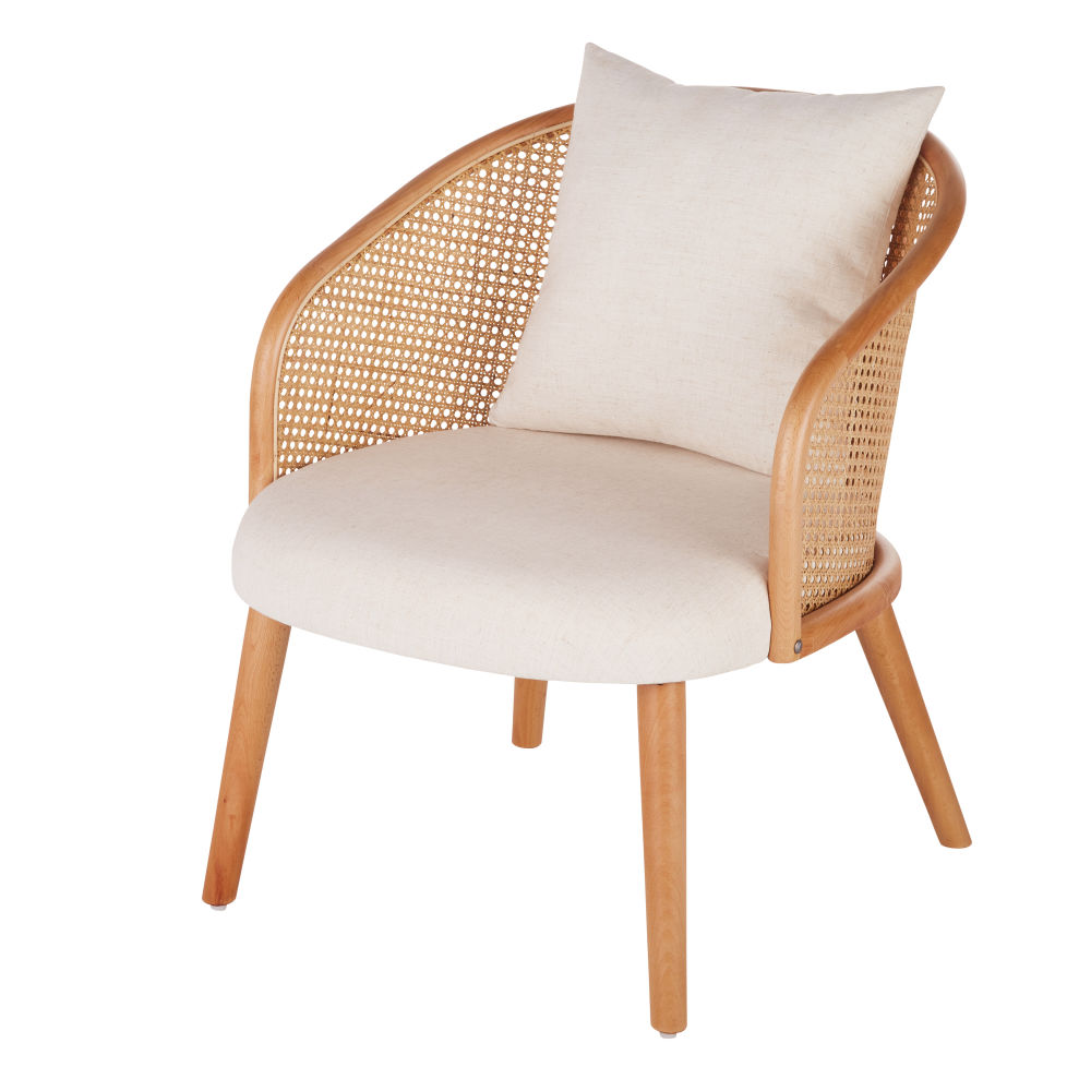 Fauteuil Sockette écru et cannage en rotin