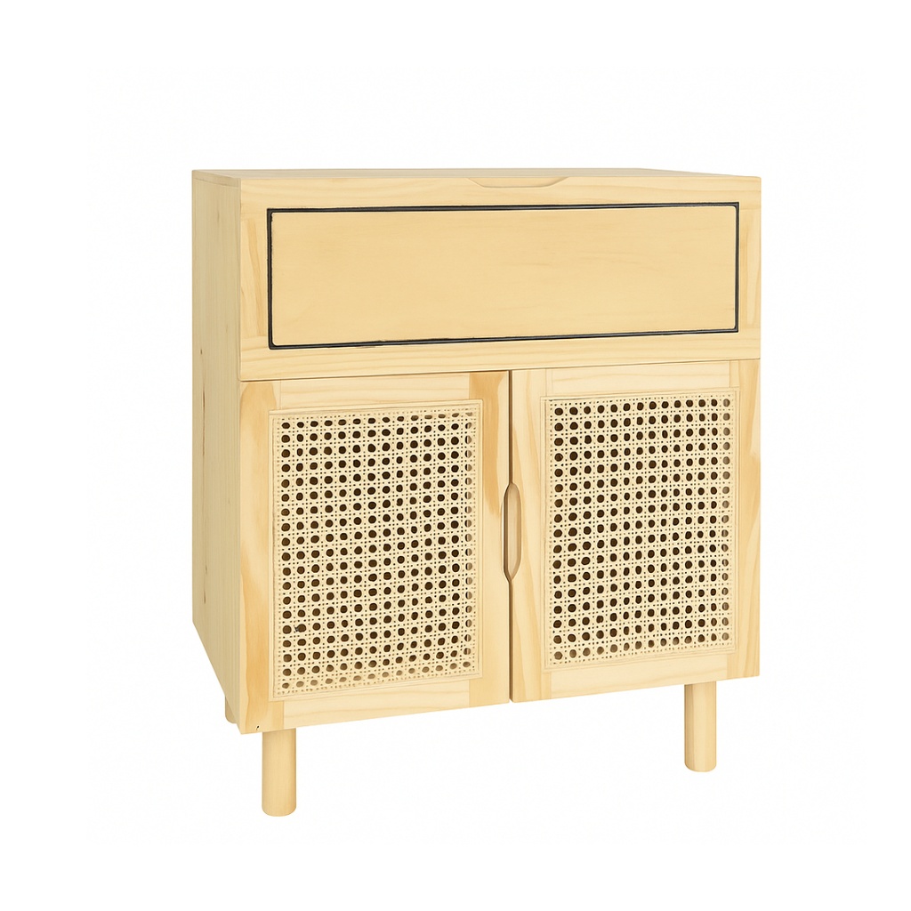 Petit meuble de rangement Asir 2 portes 1 tiroir cannage en pin