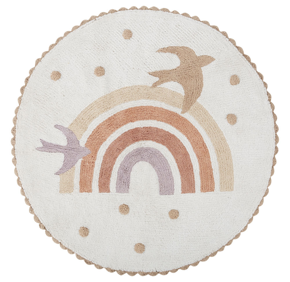 Tapis Rainbow enfant rond en coton recyclé tufté imprimé arc-en-ciel et oiseaux D120