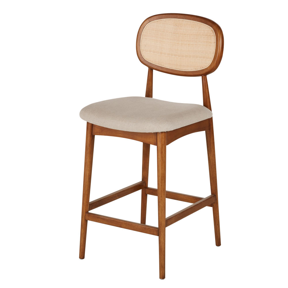 Chaise Fifty pour îlot central en bois d'hévéa, lin écru et tressage H66