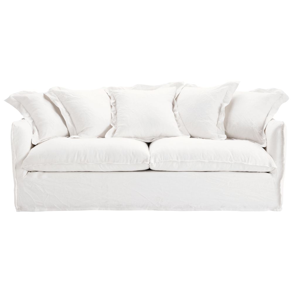 Canapé convertible Barcelone 3/4 places en lin lavé blanc, matelas 6 cm
