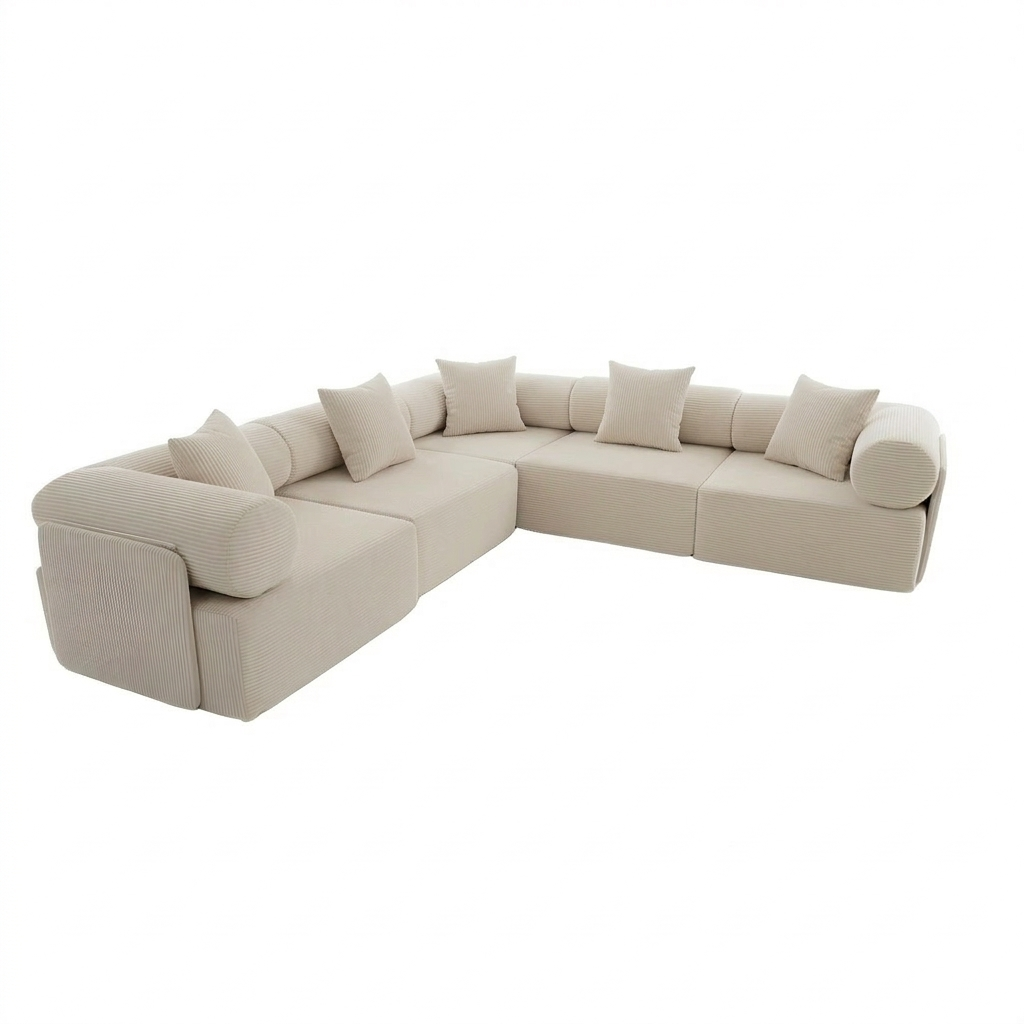 Canapé d'angle modulaire Avalon 5 places en tissu côtelé beige clair