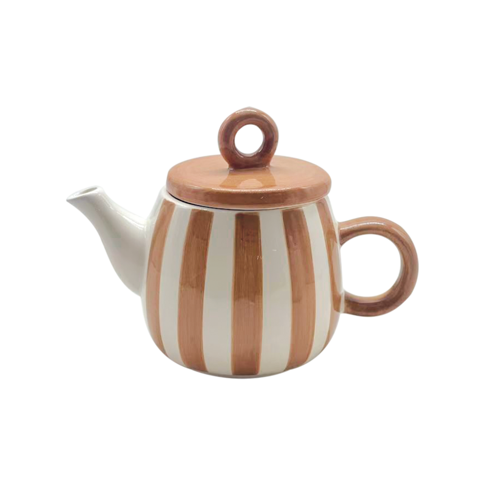 Théière faïence en grés rayure marron et blanche