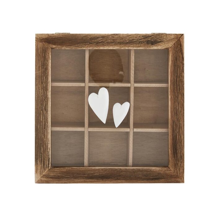 Boîte en bois dessus vitré avec 2 cœurs blancs 9 compartiments