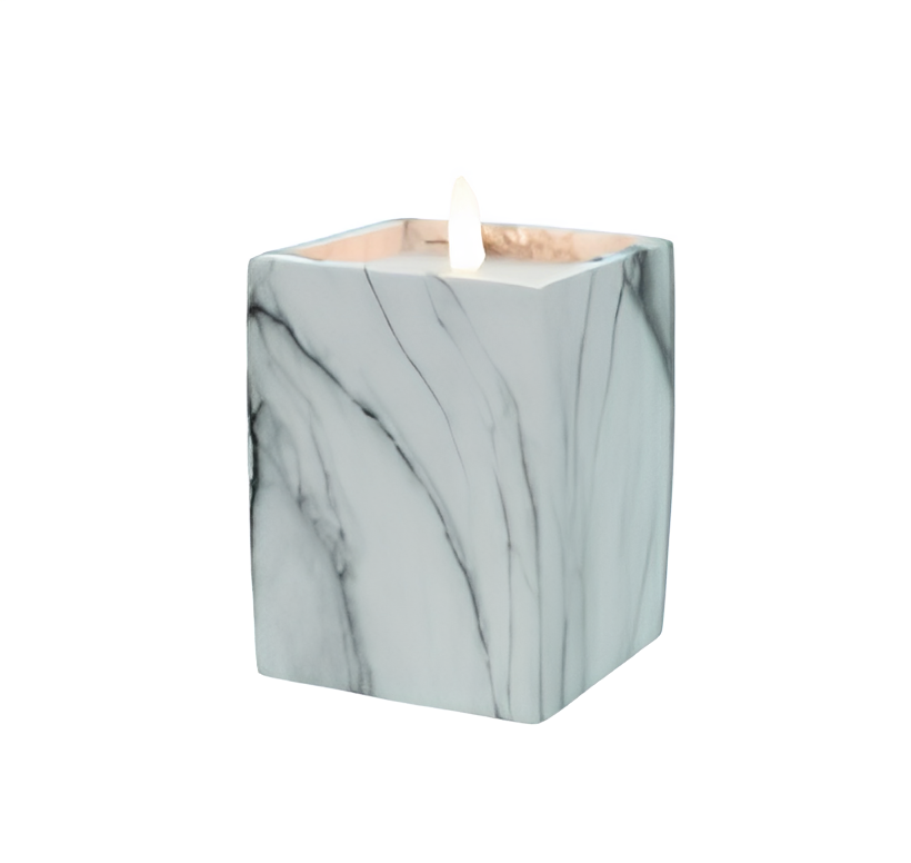 Bougie LED rectangulaire en ciment et cire façon marbre flamme 3D
