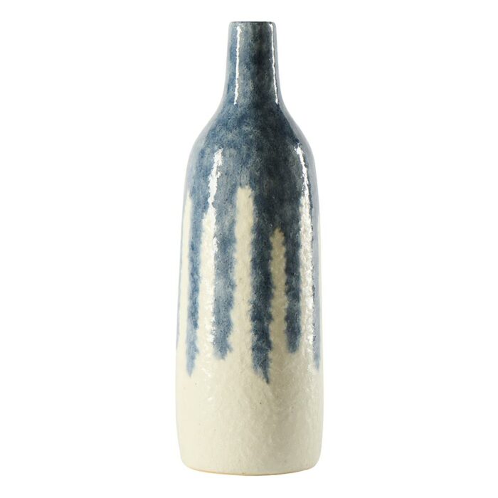 Vase bouteille en ceramique en blanc et bleu PM
