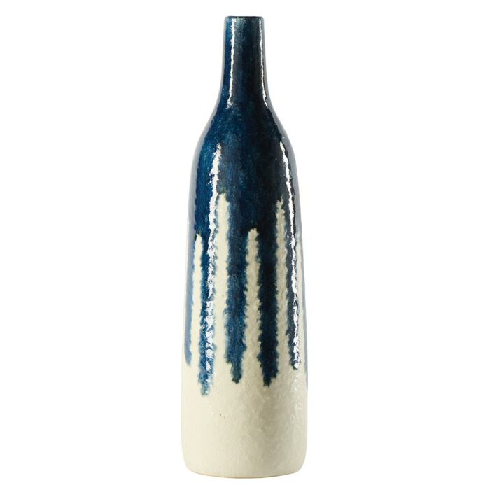 Vase forme bouteille en céramique blanc et bleu GM