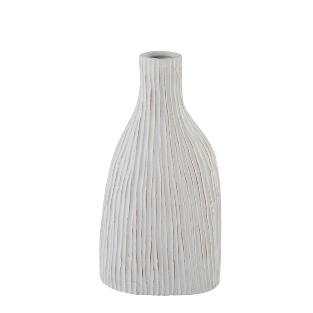 Vase soliflore en forme bouteille nervures verticales blanc MM