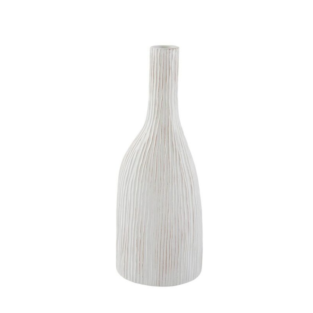 Vase soliflore en forme bouteille nervures verticales blanc PM