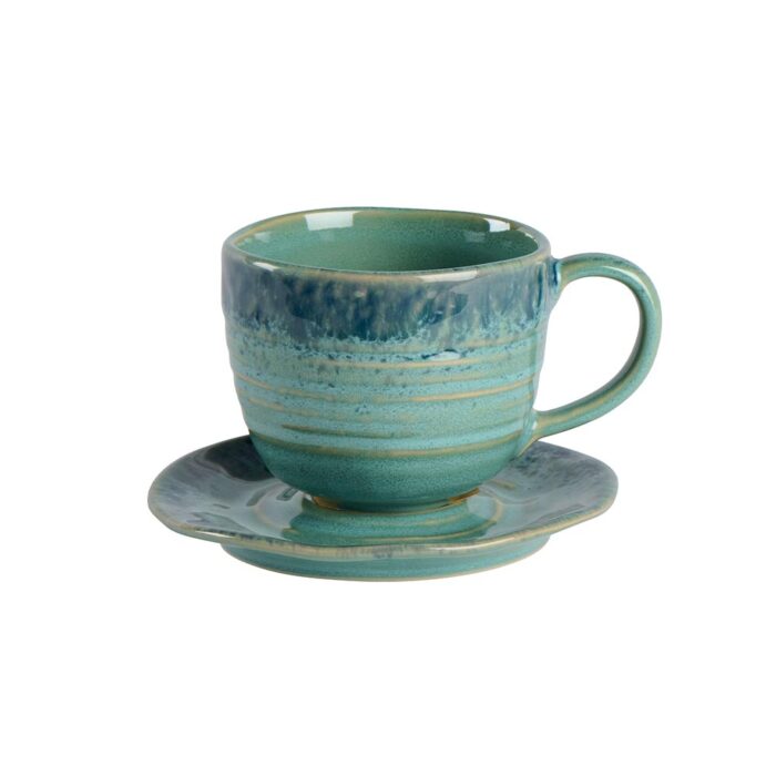 tasse à café et soucoupe Lagune en grès coloris vert opale avec striures