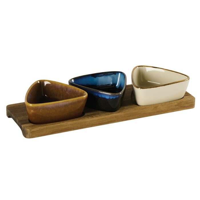 set de 3 ramequins triangulaires en grès blanc bleu  sur plateau acacia