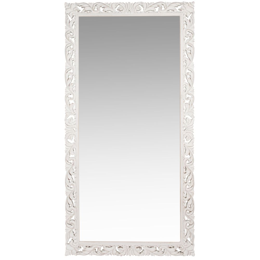 Grand miroir rectangulaire Lombok en en bois de manguier sculpté blanc 90x180