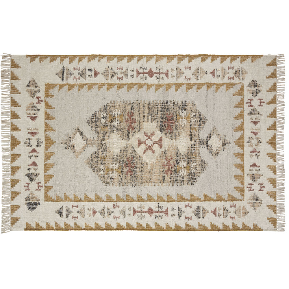 Tapis kilim Satara en jute, laine et coton tissés motifs ethniques multicolores à franges 160x230