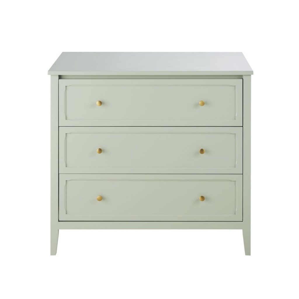 Commode Chamarel compatible plan à langer 3 tiroirs vert clair et métal coloris laiton