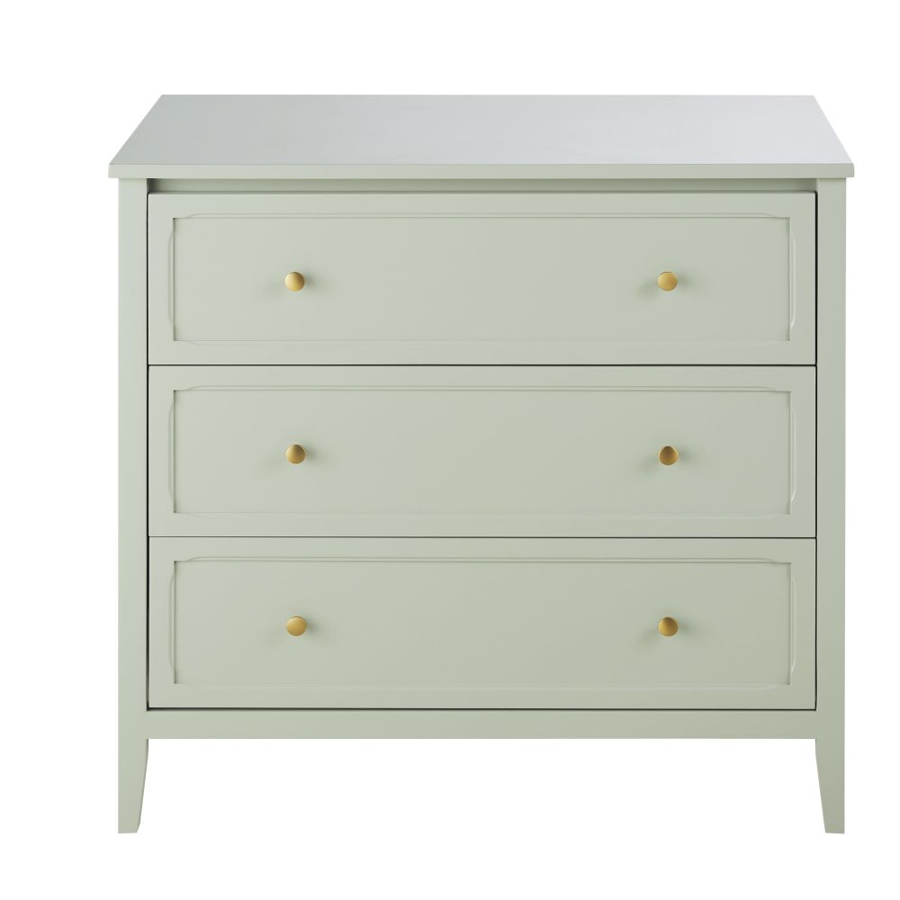 Commode Chamarel compatible plan à langer 3 tiroirs vert clair et métal coloris laiton
