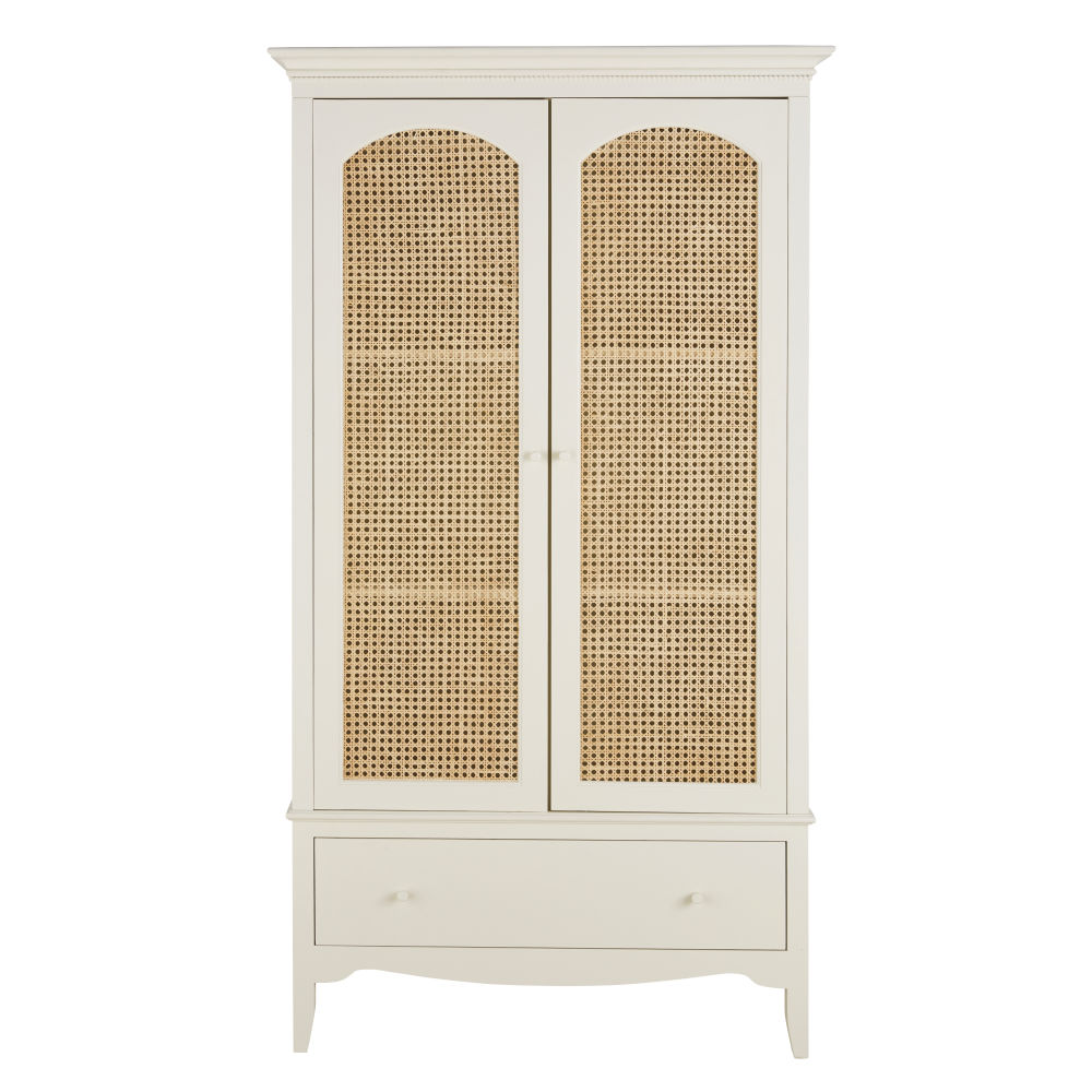Armoire Debbie 2 portes 1 tiroir blanc cassé cannage en rotin