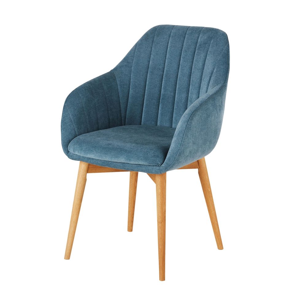 Fauteuil de table Archie bleu et pieds en bois de chêne