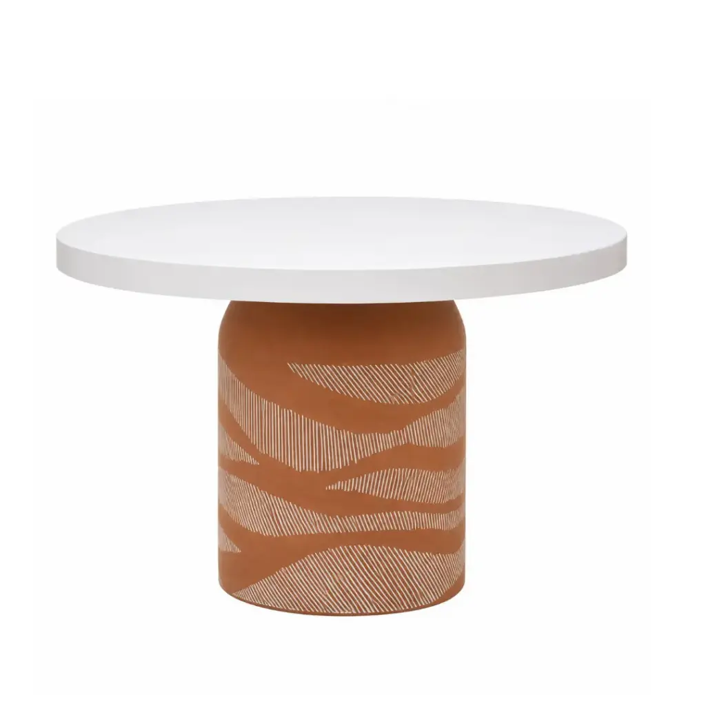 Table de jardin ronde Khalari en fibre de ciment gravé coloris blanc orangé  4 personnes D120 