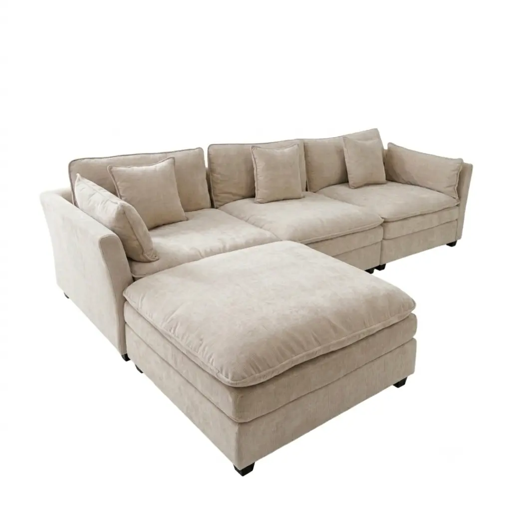 Canapé d'angle modulable Austin 4/5 places en tissu texturé beige sable