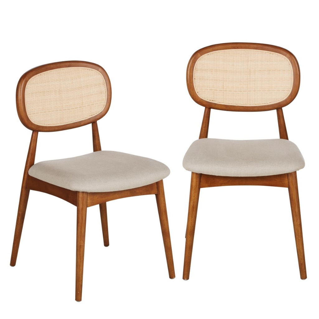 Duo de chaises Fifty bois d'hévéa, lin écru et tressage