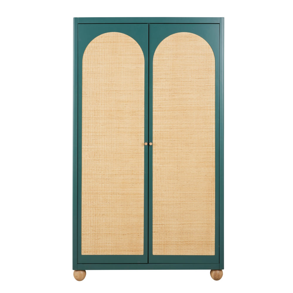 Armoire Dabali 2 portes vert foncé et rotin tressé