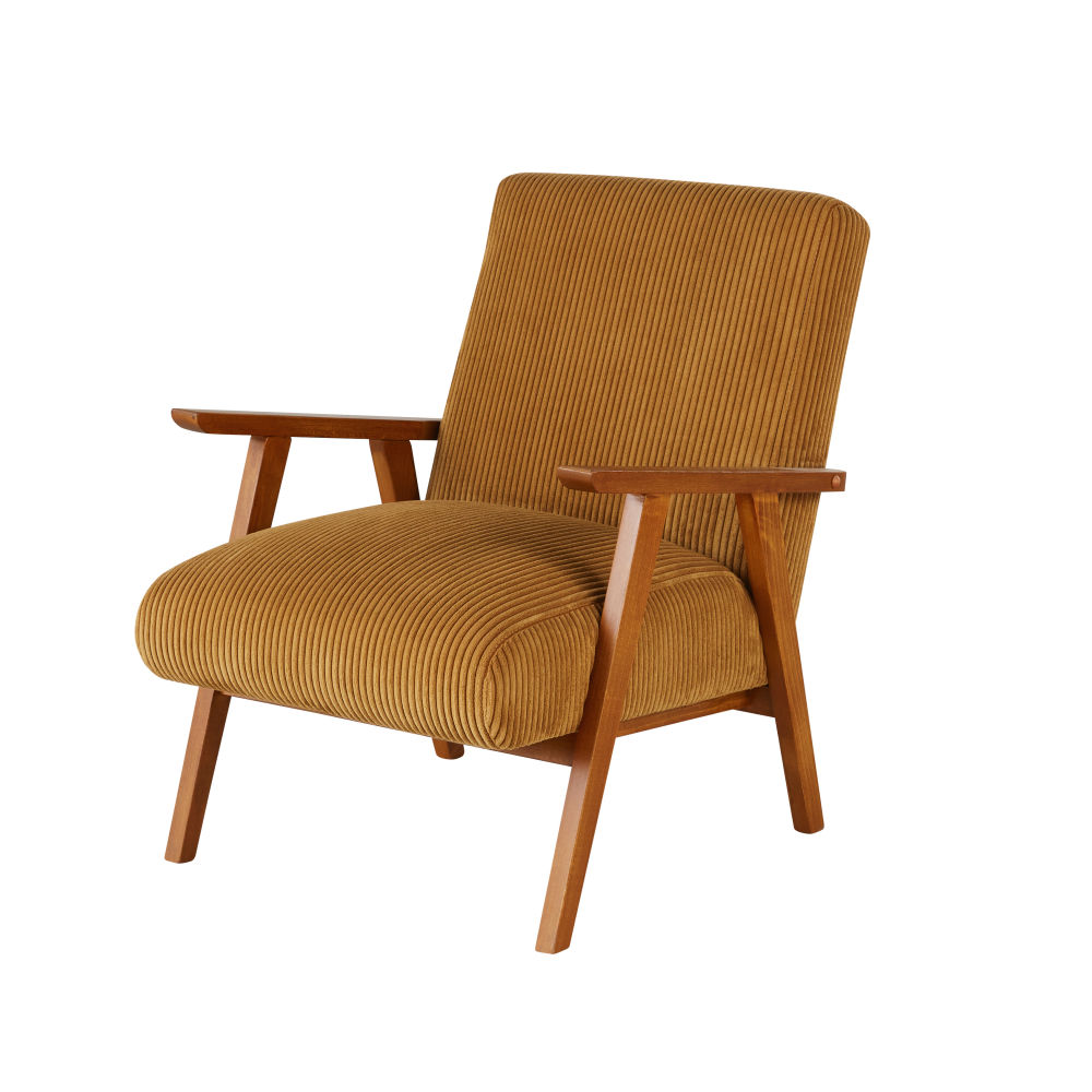 Fauteuil vintage Hermann en bois de hêtre et velours côtelé jaune curry
