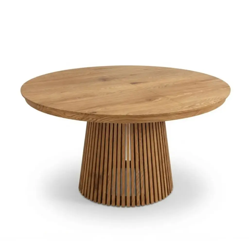 Table à manger Sya ronde extensible en bois recouvert de papier 3D naturel clair  