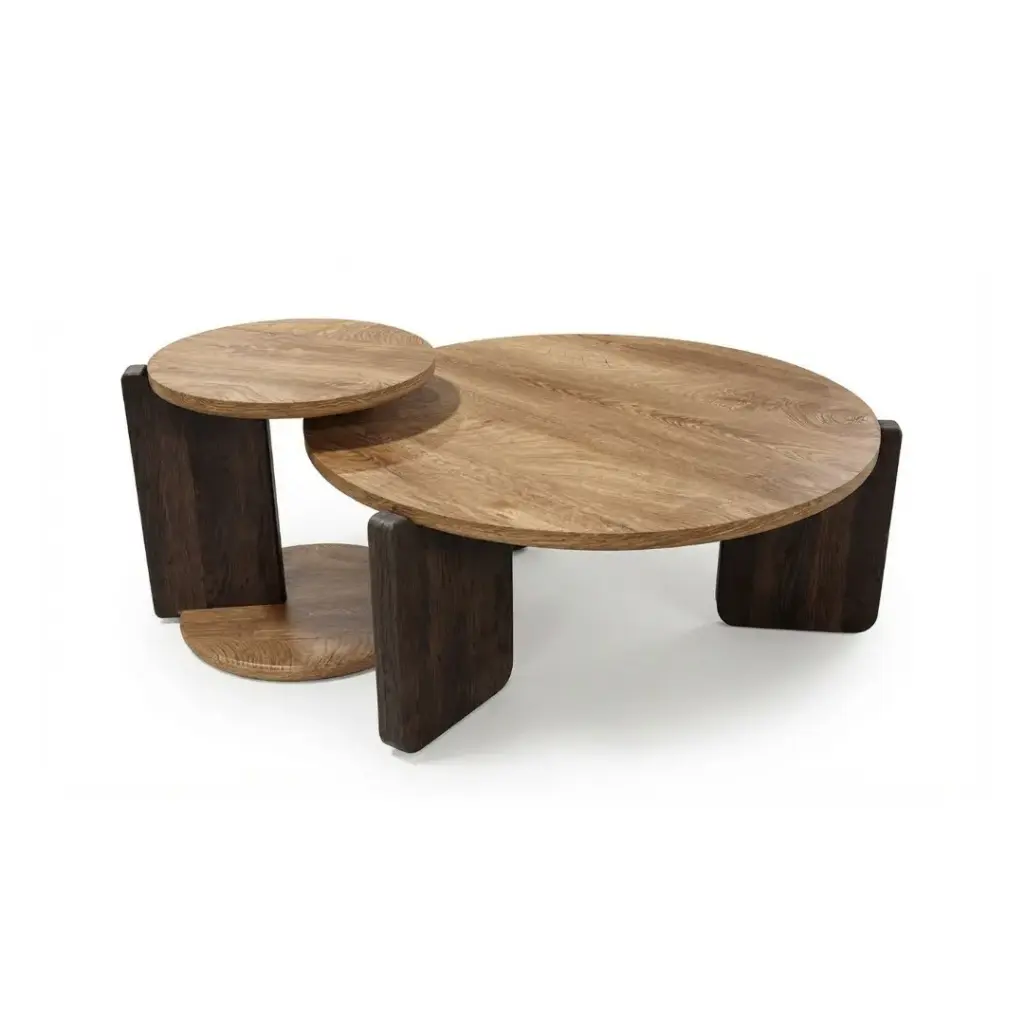 Duo de Tables basses Agra rondes en bois recouvert de papier 3D naturel 