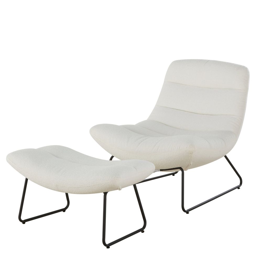 Fauteuil Moon et repose-pieds bouclettes écrues