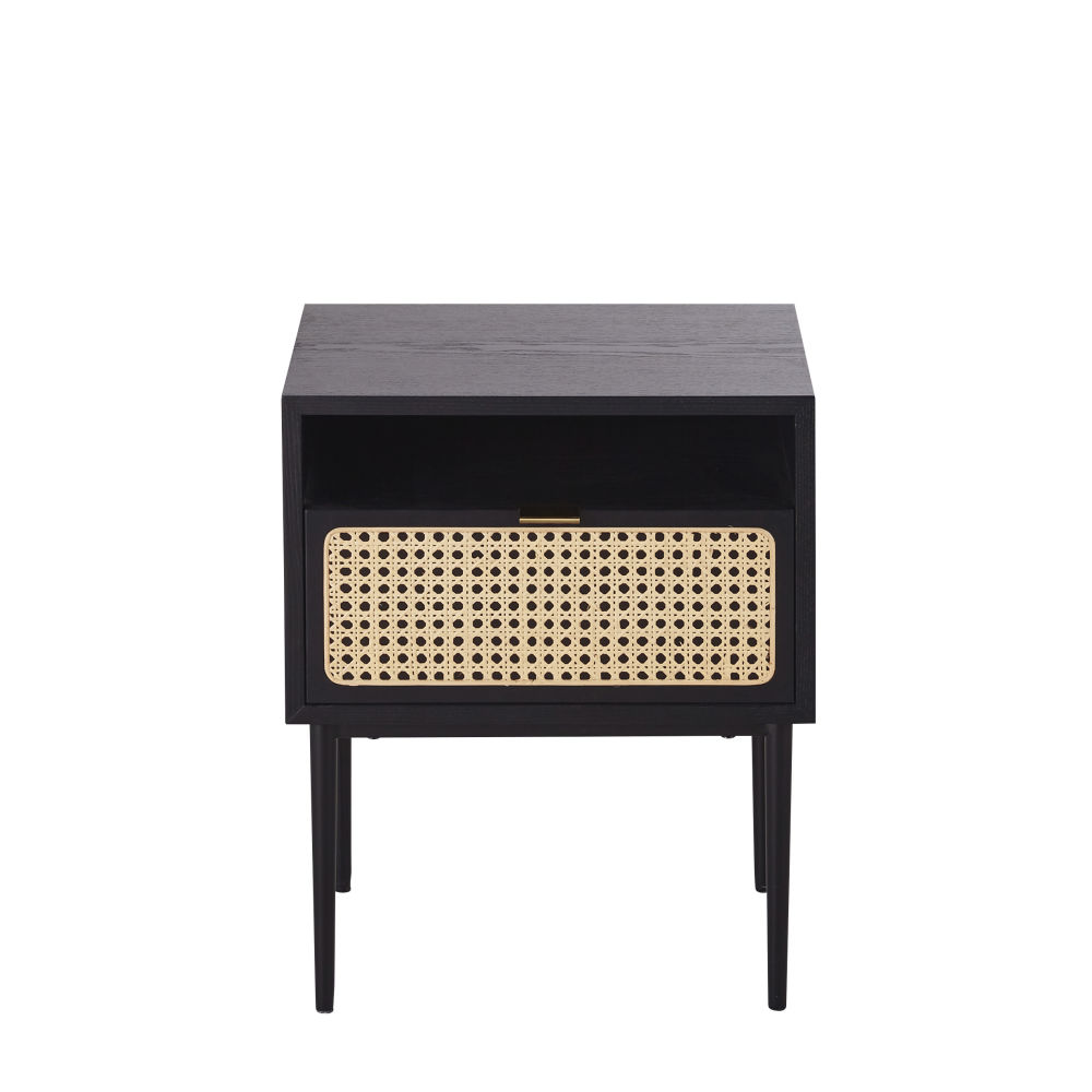 Table de chevet Loreto 1 tiroir noir et cannage en rotin
