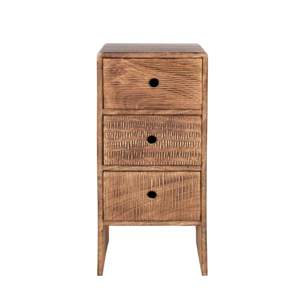 Petit meuble de rangement Tobias 3 tiroirs en manguier gravé main