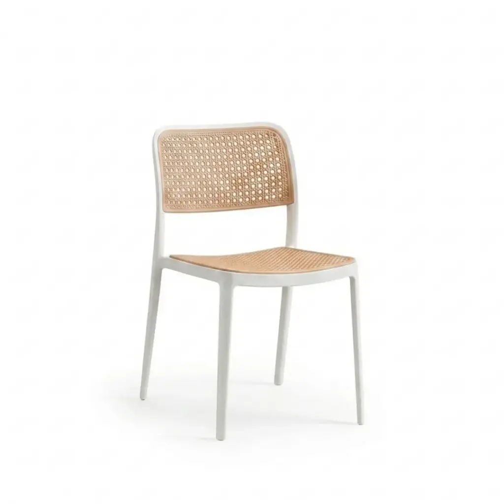 Chaise Tina empilable en polypropylène imitation rotin blanc et beige 