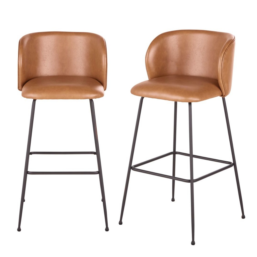 Lot de 2 Chaises hautes de bar Kate Business effet cuir camel et pieds en acier noir