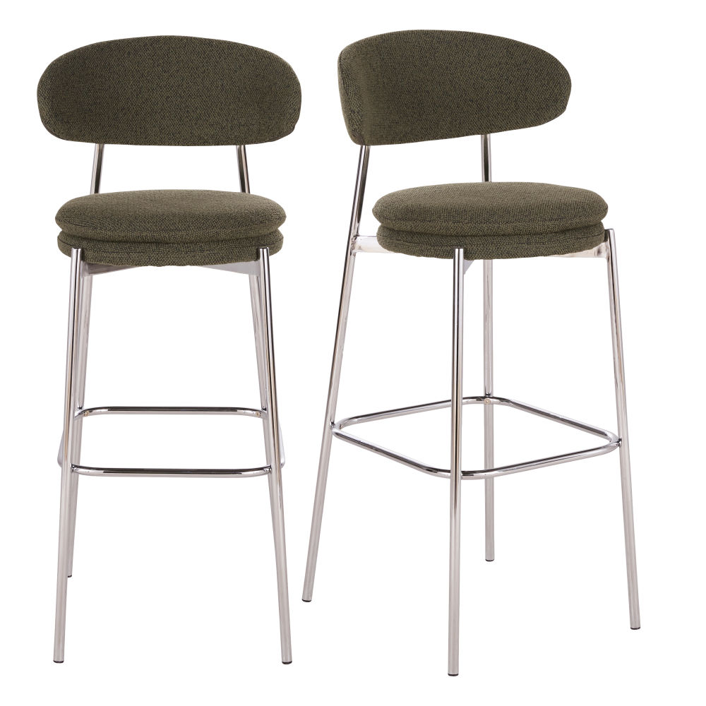 Lot de 2 Chaises hautes de bar Charlotte Business en acier chromé et bouclettes vert kaki