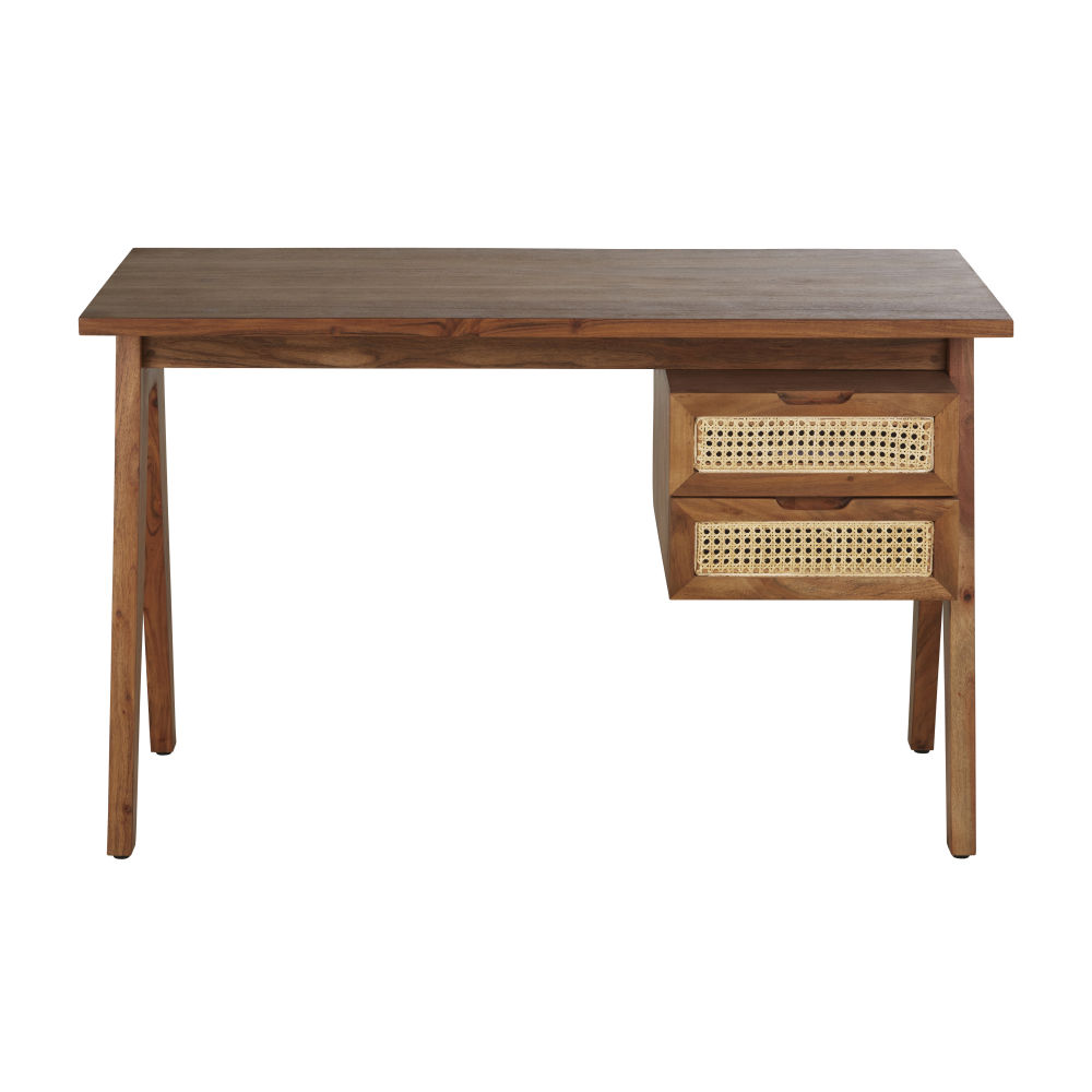 Bureau Santa Fe 2 tiroirs en bois d'acacia massif et cannage en rotin