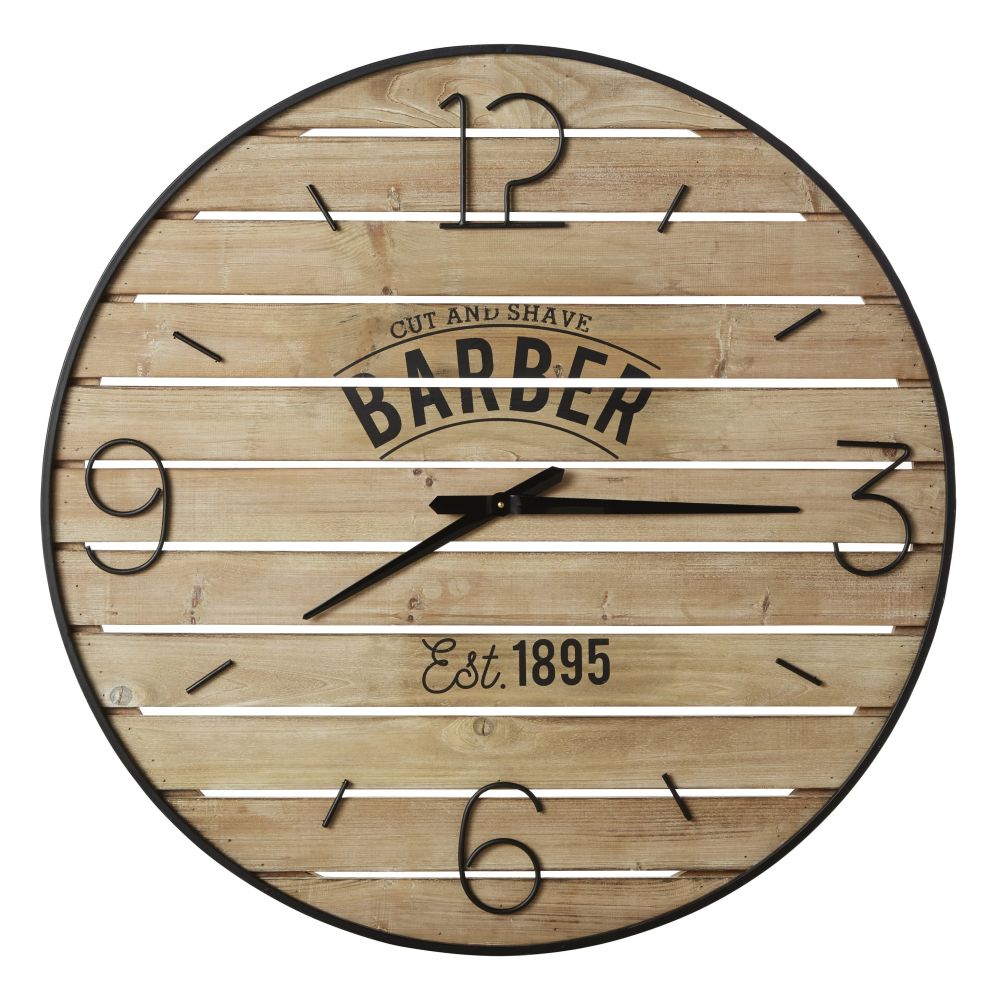 Horloge murale Barber lattes en sapin imprimé et métal noir D95
