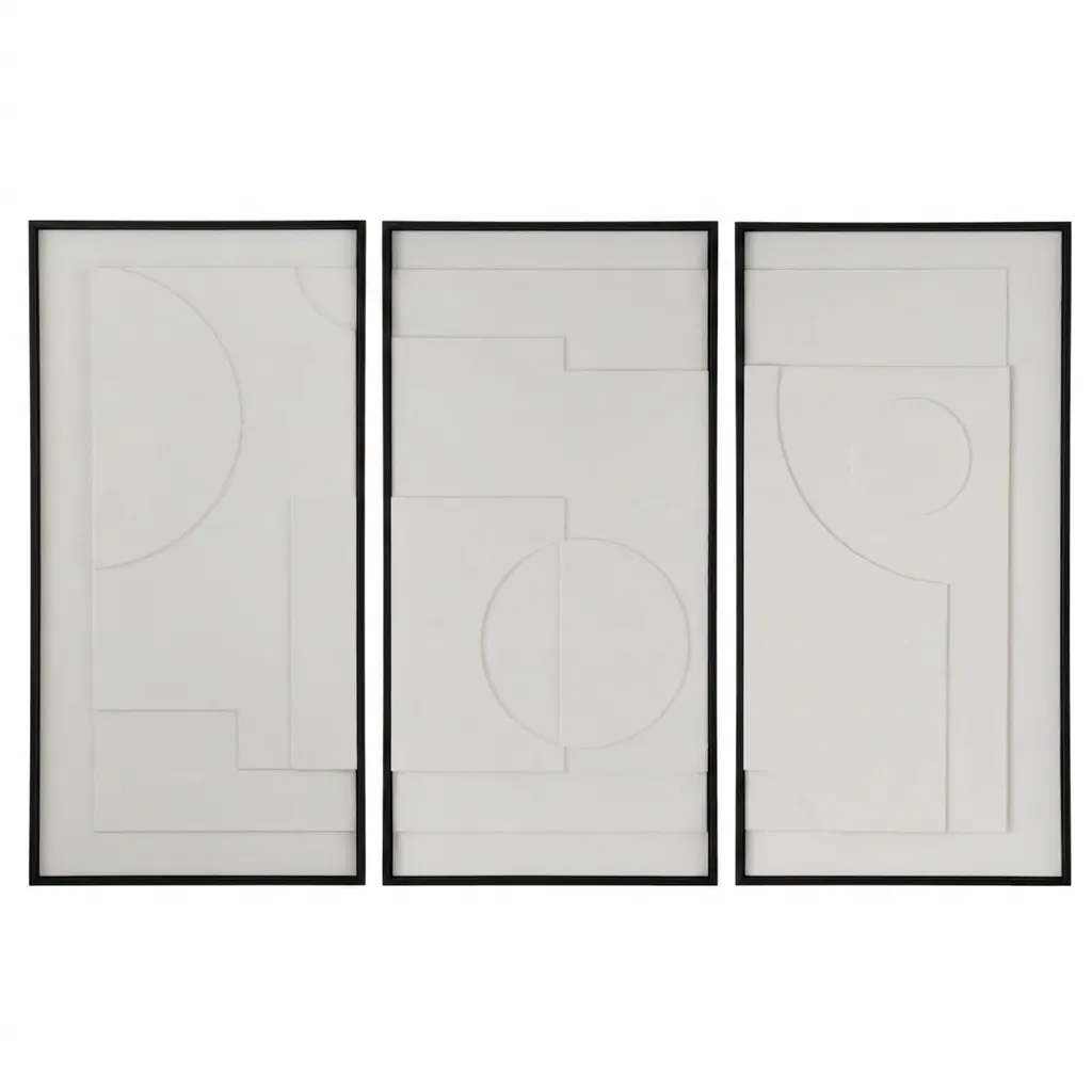 Toiles Hebi triptyques abstraites en caisse noire à reliefs écrus 180x120