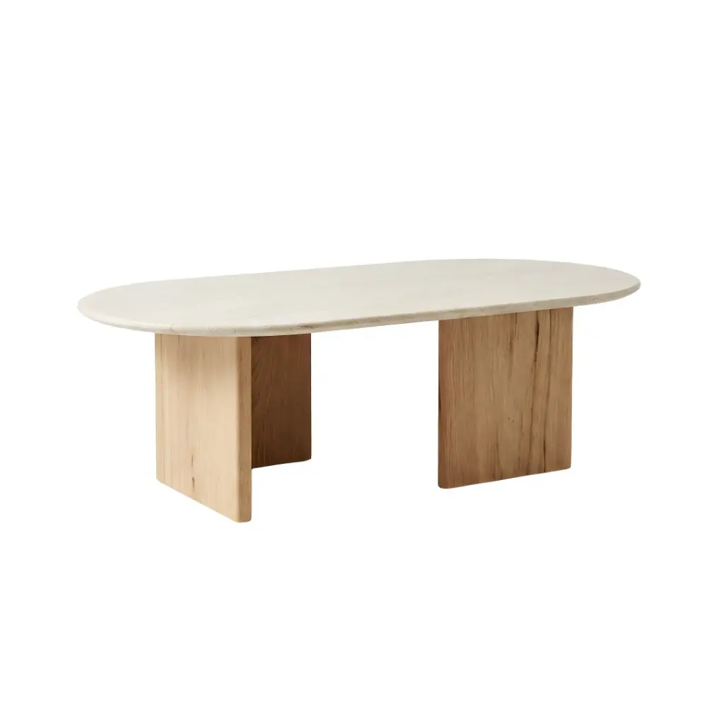 Table basse Travertino en marbre blanc effet travertin et manguier 