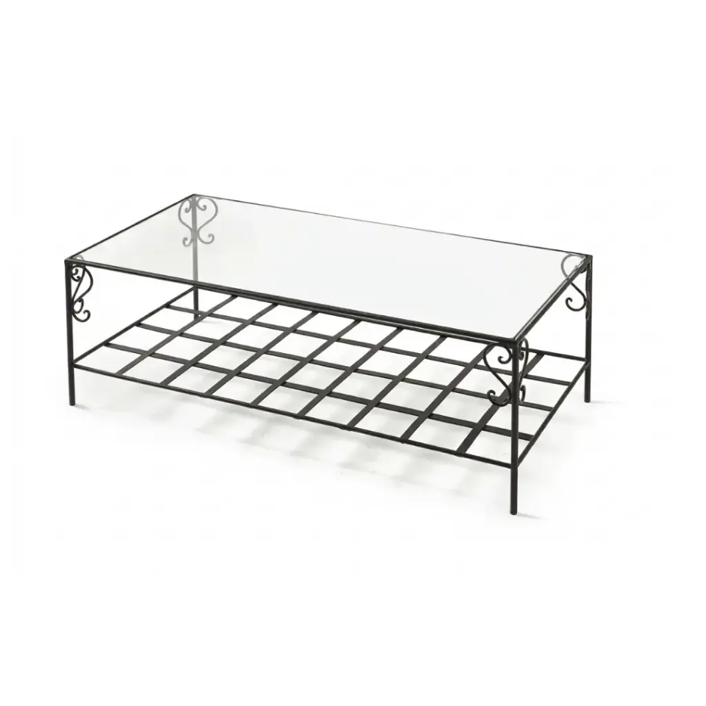 Table basse Toscana rectangulaire en verre et fer forgé noir 