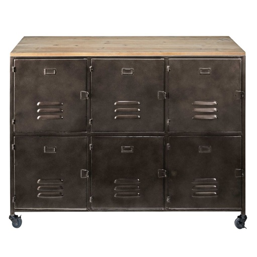 Buffet Wayne style industriel, 6 portes en métal et sapin sur roulette